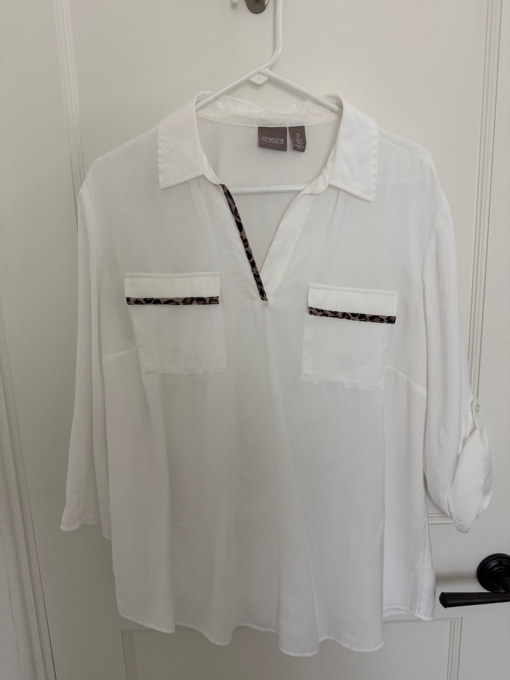 Chico's White Blouse with Leopard-Trim Detail